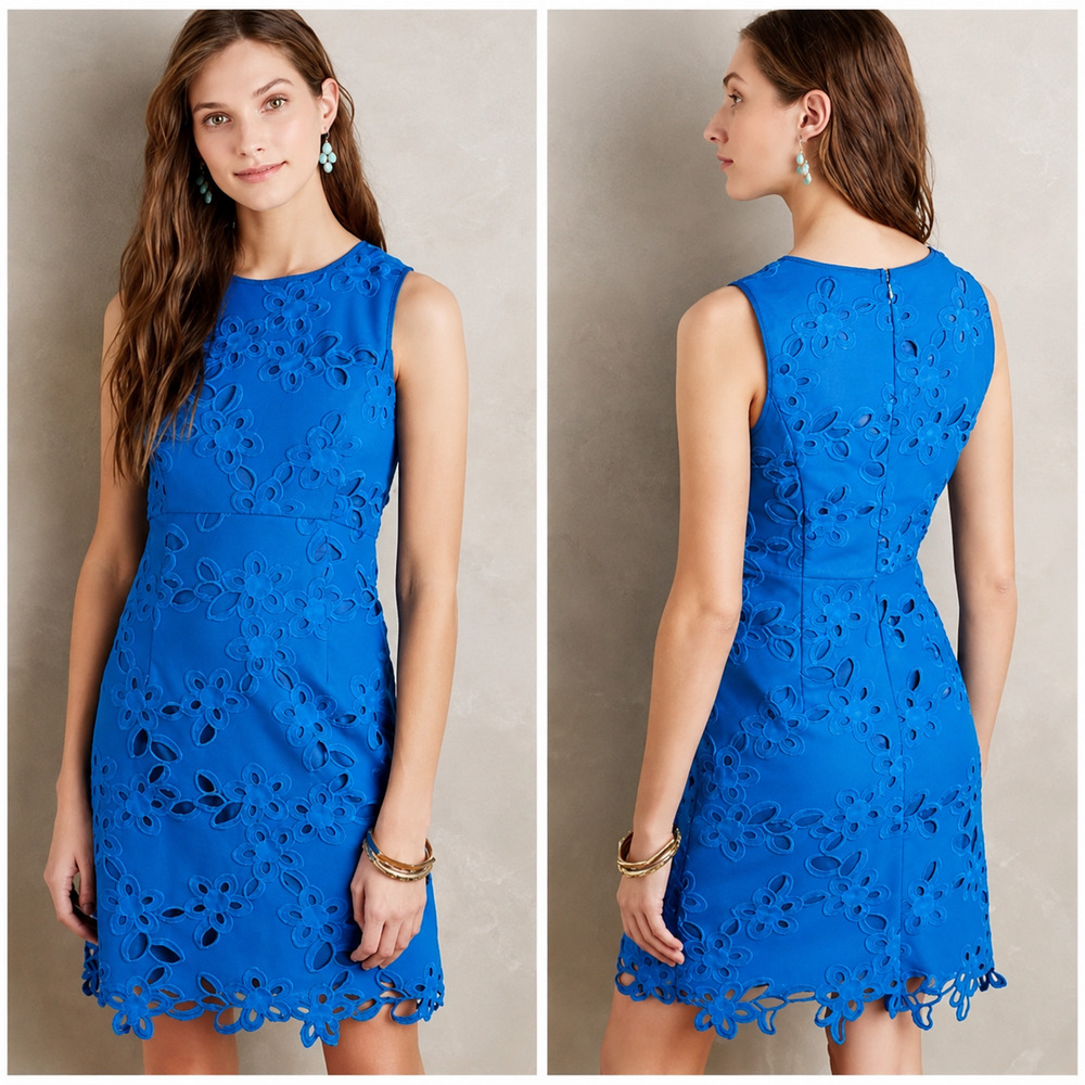 Anthropologie Maeve Arette Lace Dress Small Cobalt Blue Cutout Embroidered Lined